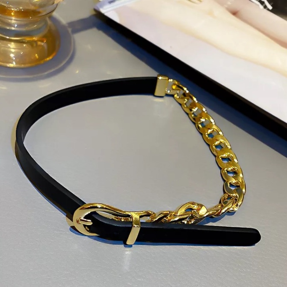 🌟 Choker Leather Gold Chunky Two Tone Chain Necklace Choker